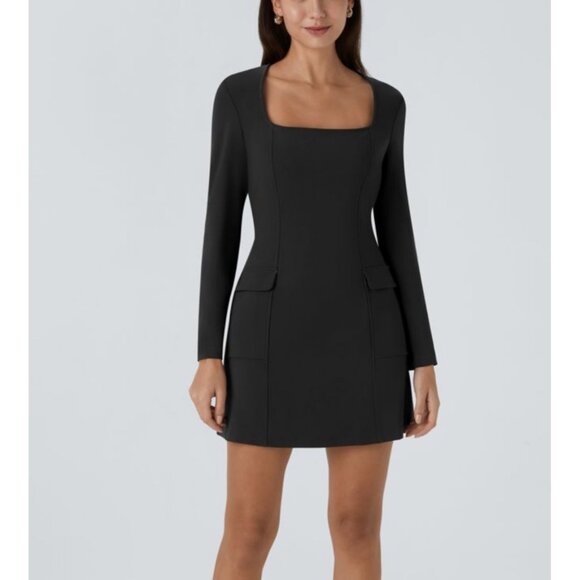 Halara Long Sleeve Square Neck Mini Cargo Work Dress Sz Small Black - Picture 10 of 16